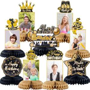 HOMANGA 9 Pieces Black Gold Birthday Party Table Centerpieces, Happy Birthday Party Decorations