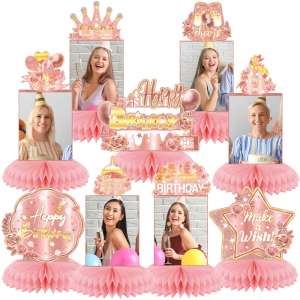 HOMANGA 9 Pieces Rose Gold Birthday Party Table Centerpieces, Happy Birthday Party Decorations