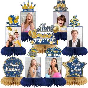 HOMANGA 9 Pieces Blue Gold Birthday Party Table Centerpieces, Happy Birthday Party Decorations