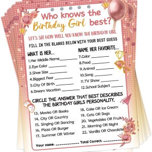 HOMANGA Who Knows The Birthday Girl Best, Birthday Would She Rather, Birthday Game Cards for Girls Her Sleepover Party - 6x8 inch Set of 30 (Pink & Rose, Double-Sided)