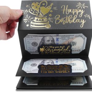 HOMANGA Birthday Money Envelope for Cash Gifts, Surprise Cash Envelope for Men Women Kids, Birthday Gift Card for Men Women Girls Boys, Black Gold Money Holder