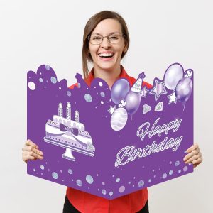 HOMANGA Giant Birthday Card, Jumbo happy Birthday Card for Women Girls Kids, Large Birthday Guest Book with Envelope, Purple Silver Big Birthday Card Party Decorations 14x22 inches