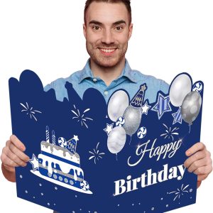 HOMANGA Giant Birthday Card, Jumbo happy Birthday Card for Men Women Colleague, Large Birthday Guest Book with Envelope, Blue Silver Big Birthday Card 14x22 inches