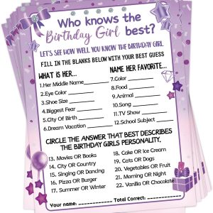 HOMANGA Who Knows The Birthday Girl Best, Birthday Would She Rather, Birthday Game Cards for Girls Her Sleepover Party - 6x8 inch Set of 30 (Purple, Double-sided)