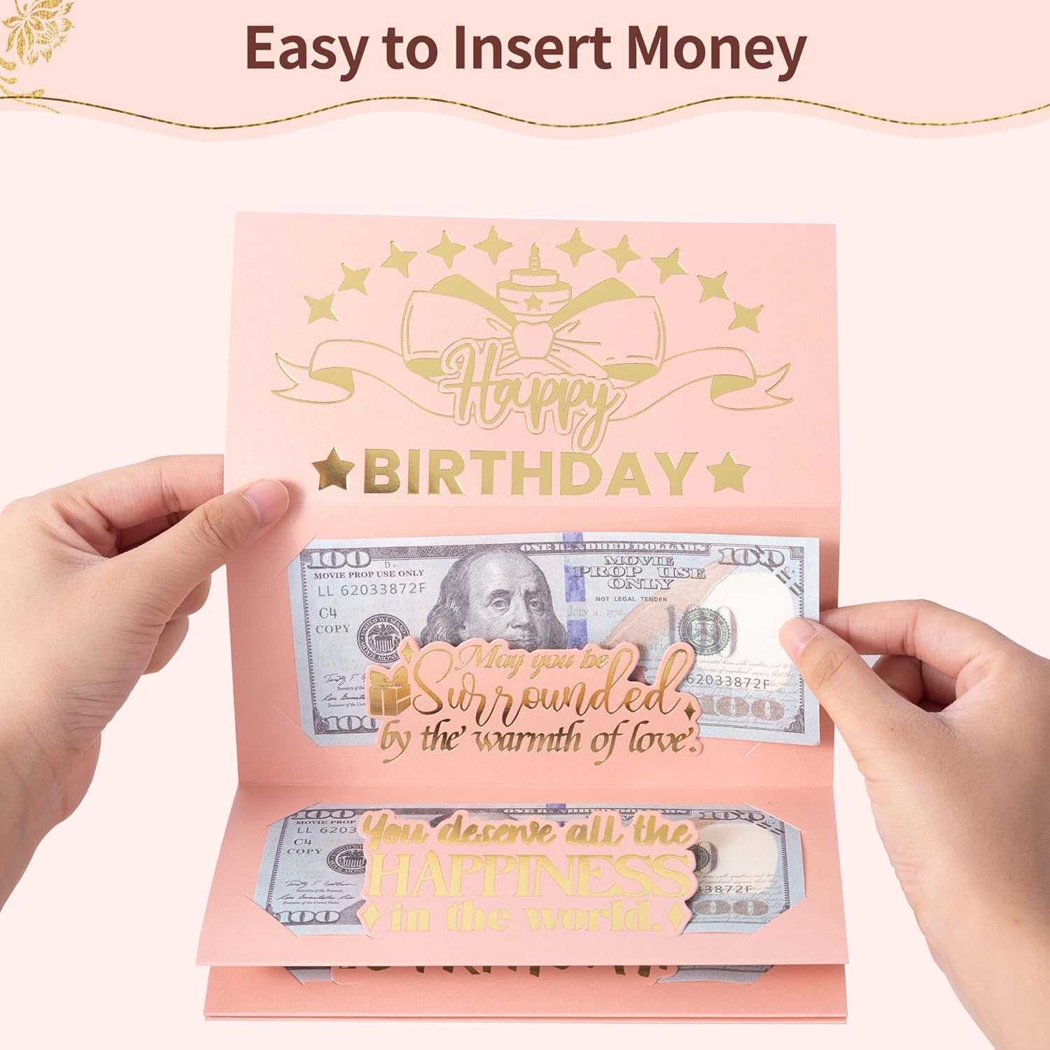 HOMANGA Birthday Money Envelope for Cash Gifts, Surprise Cash Envelope for Wife Women Kids, Birthday Gift Card for Women Girls, Pink Rose Gold Birthday Money Holder - Image 5