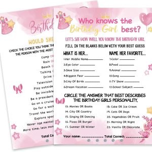 HOMANGA Who Knows The Birthday Girl Best, Birthday Would She Rather, Birthday Game Cards for Girls Her Sleepover Party - 6x8 inch Set of 30 (Pink, Double-Sided)