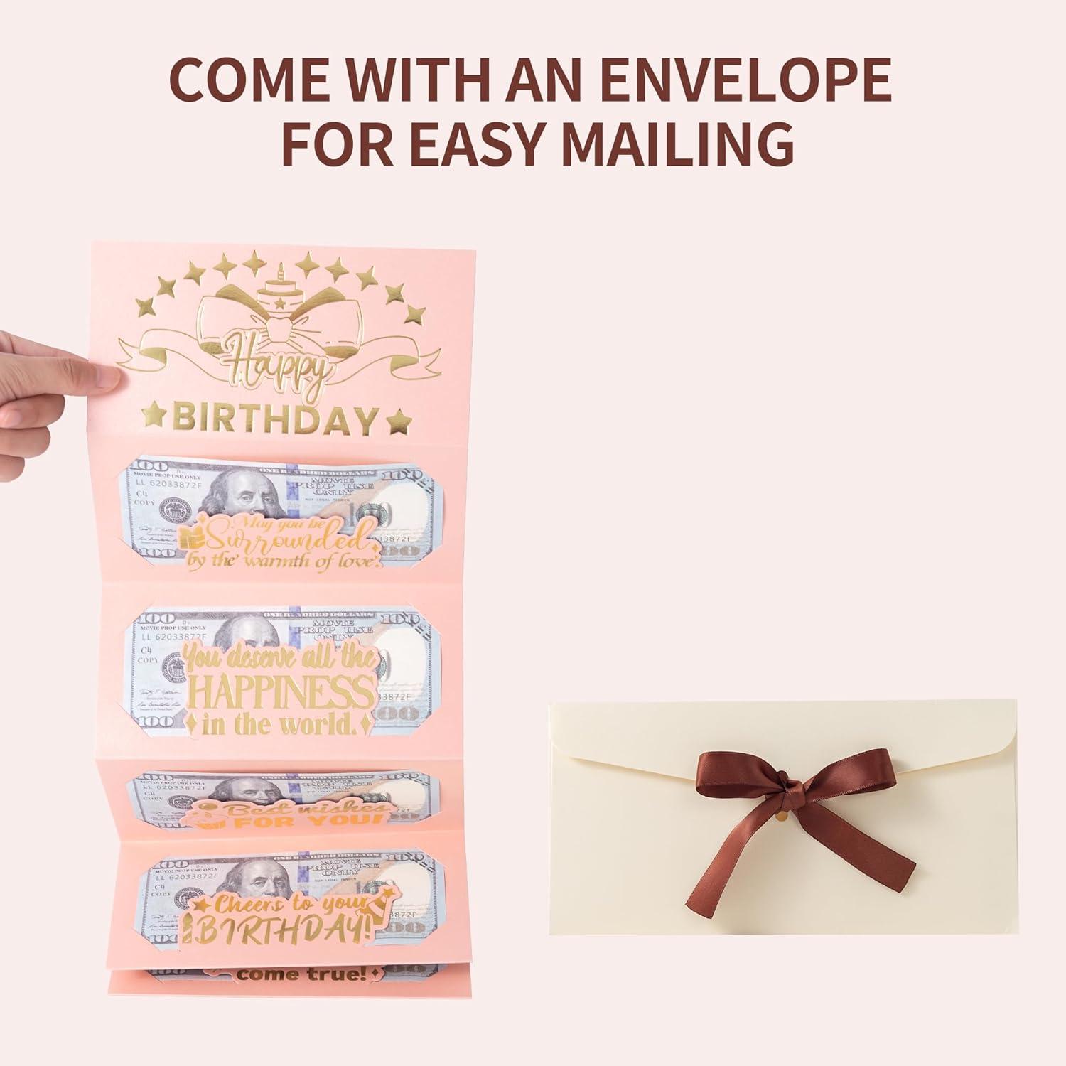 HOMANGA Birthday Money Envelope for Cash Gifts, Surprise Cash Envelope for Wife Women Kids, Birthday Gift Card for Women Girls, Pink Rose Gold Birthday Money Holder - Image 2