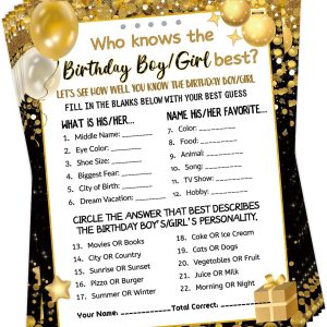 HOMANGA Who Knows The Birthday Boy Girl Best, Birthday Game Cards for Party Activities, Birthday Game Cards for Teens Kids Girls Boys Sleepover Party - Set of 30 (Black Gold, Double-Sided)